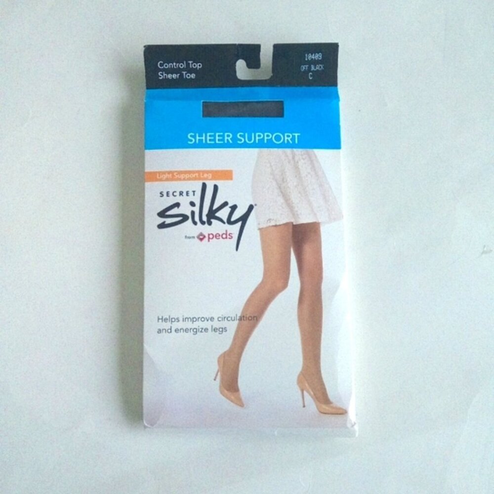 New Secret Silky Control Top Off Black Sheer Support Hosiery Stockings Size C